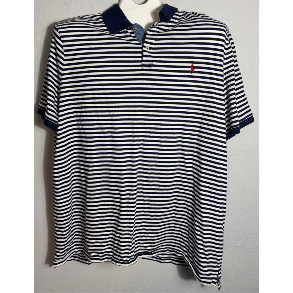 Ralph Lauren Polo Shirt Mens XXL Blue White Striped Pony Preppy 2XL Classic Fit - Picture 3 of 8
